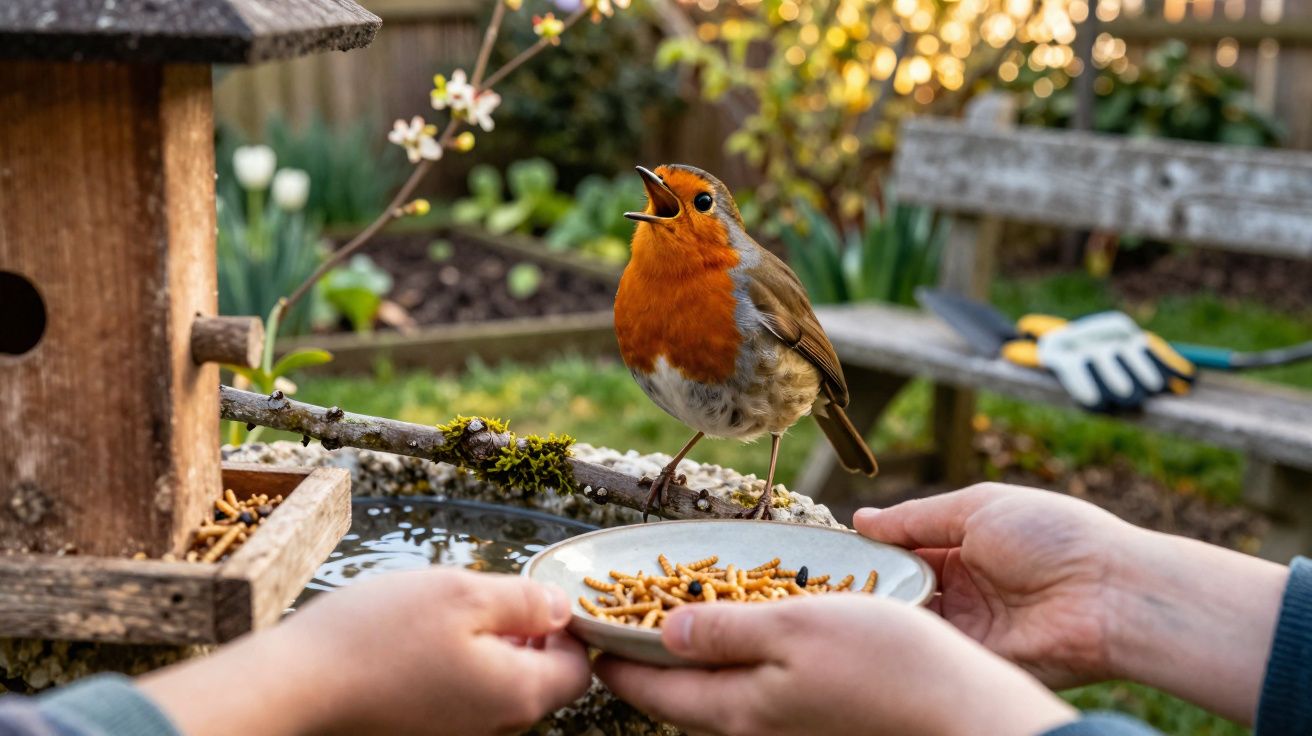 Pássaro com peito laranja a cantar, pousado numa borda de fonte, enquanto duas mãos oferecem comida num prato.