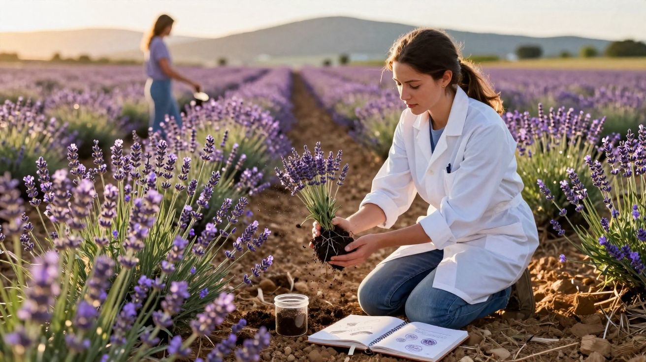 Mulher com bata branca a examinar planta de lavanda num campo, com livro aberto e jarro de terra no chão.