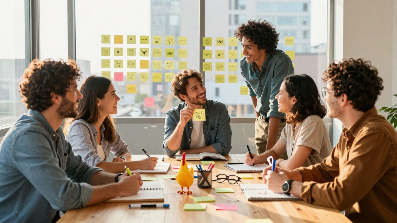 Grupo de seis jovens a discutir ideias em reunião com notas adesivas numa sala iluminada.