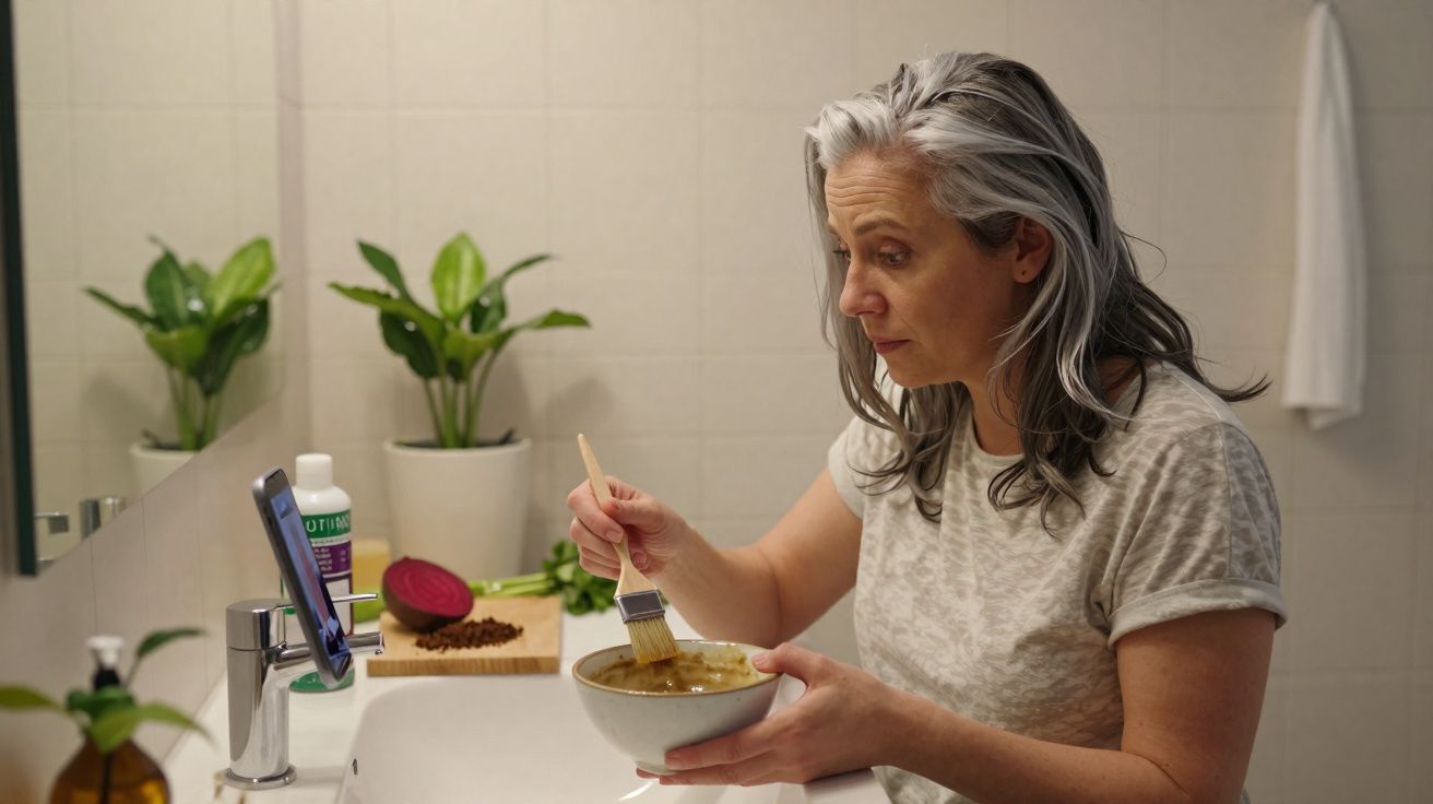 Mulher a misturar máscara facial com pincel num lavabo de casa com plantas e produtos ao fundo.