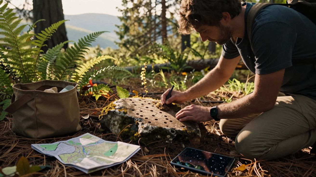 Homem a explorar a natureza, escrevendo em pedra com furos, com mapa e tablet no chão da floresta.