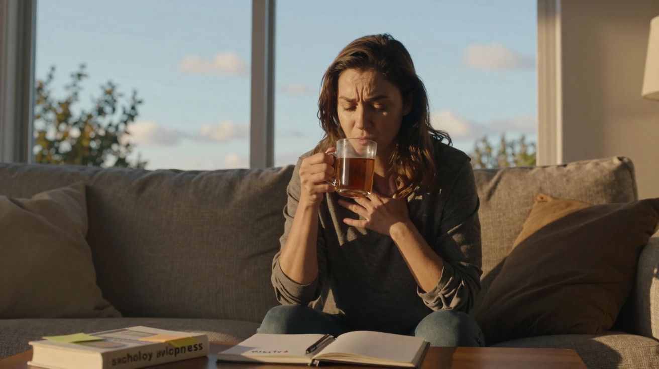 Mulher sentada no sofá a beber chá, com a mão na garganta, parecendo desconfortável.