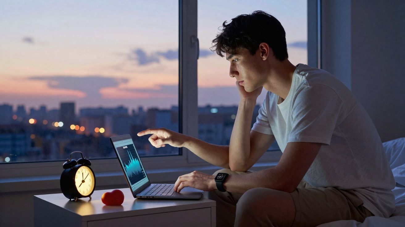 Jovem sentado na cama à noite, a analisar gráficos num portátil junto a uma janela com vista citadina.