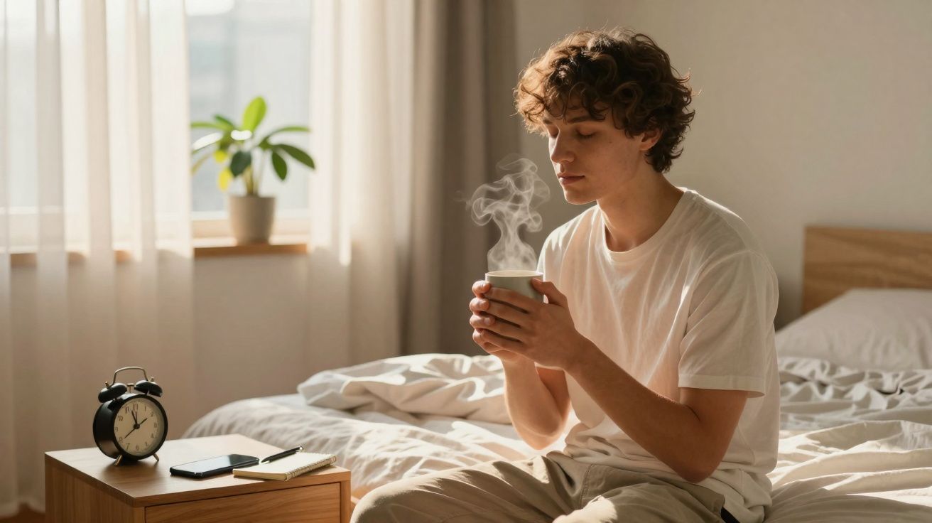 Jovem sentado na cama a beber uma bebida quente numa manhã iluminada por luz natural.