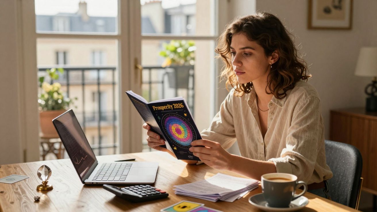 Mulher sentada a ler um livro numa mesa com portátil, calculadora e chá, numa sala iluminada pela janela.