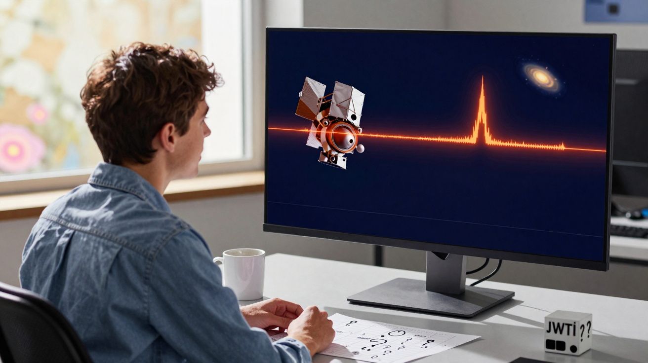 Homem sentado a analisar dados de satélite e gráfico de ondas no ecrã de um computador moderno.