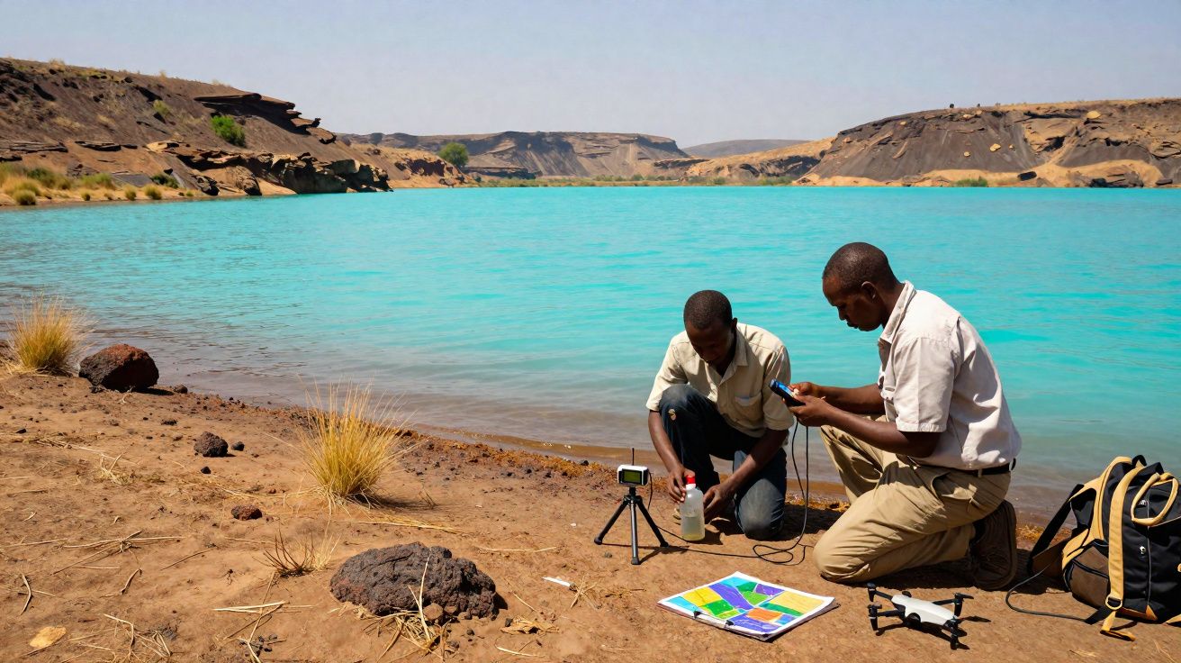 Dois homens a recolheram amostra de água junto a um lago com equipamento científico e drone.