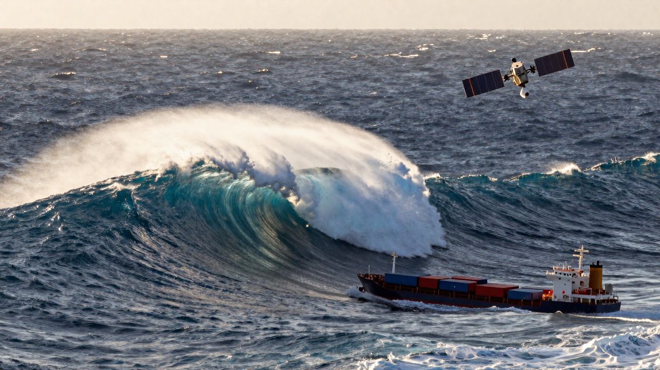 Oceano com onda grande, navio cargueiro em navegação e satélite a sobrevoar o mar.