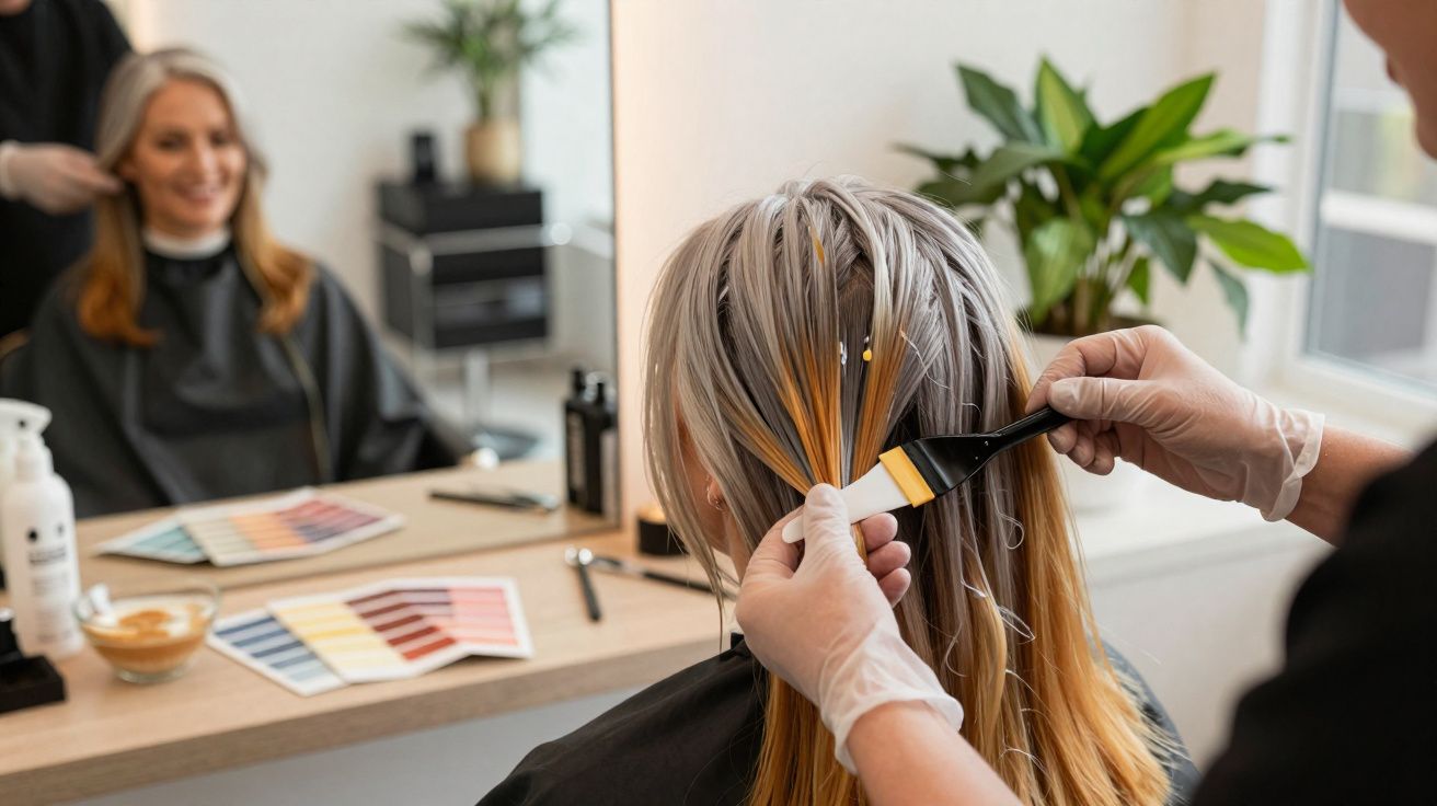 Pessoa a aplicar coloração loira no cabelo de mulher num salão de cabeleireiro.