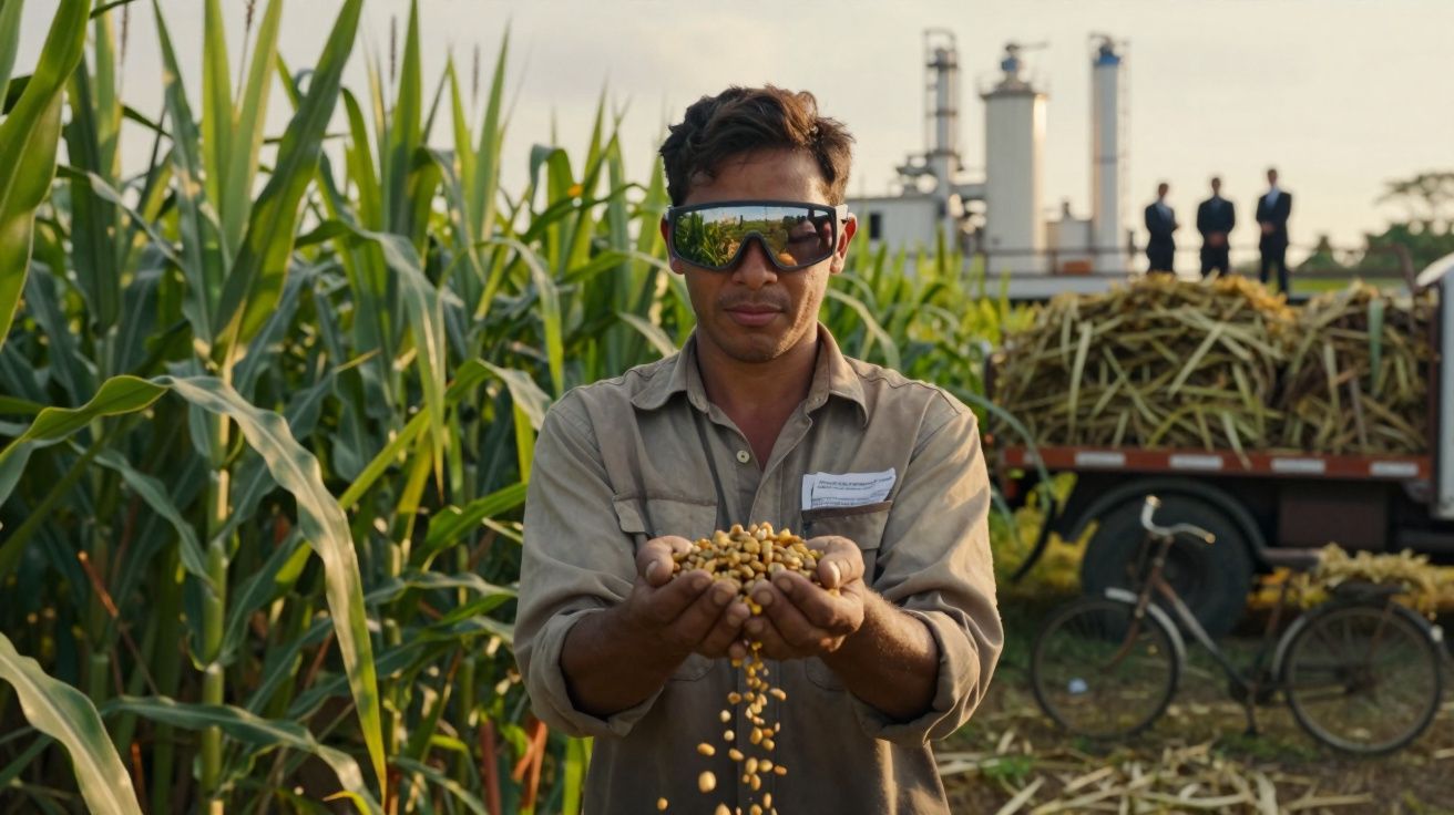 Agricultor com óculos escuros a segurar e deixar cair grãos, campo de milho e camião ao fundo.