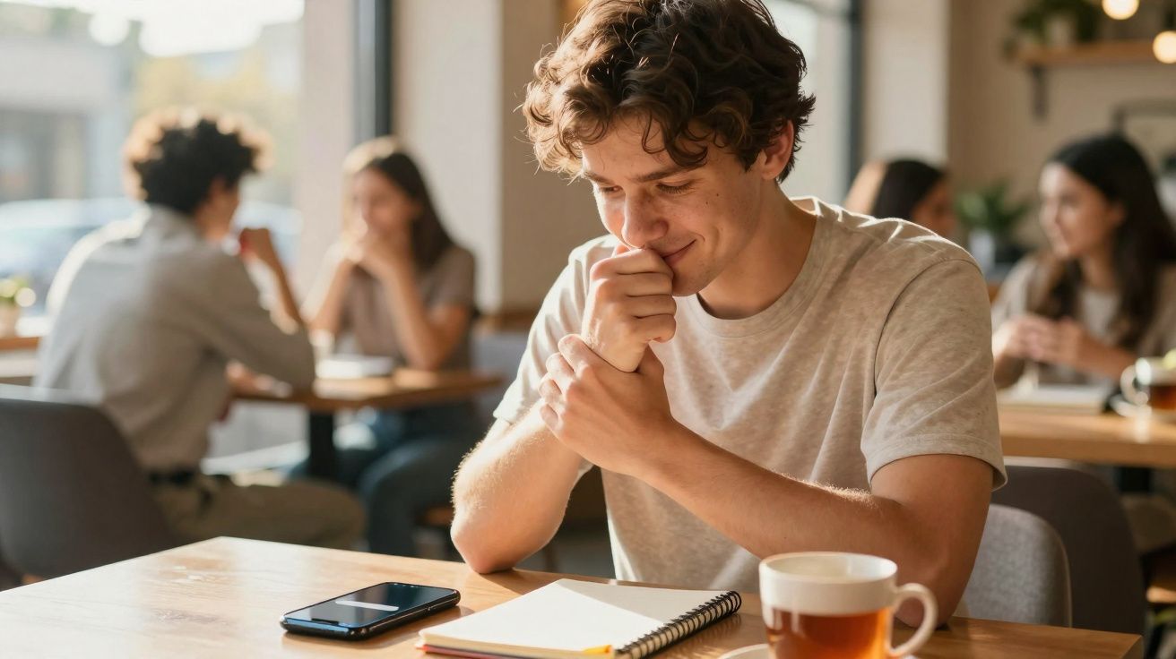 Jovem sentado à mesa a sorrir tímido, com bloco de notas, telemóvel e chá à sua frente numa cafetaria.