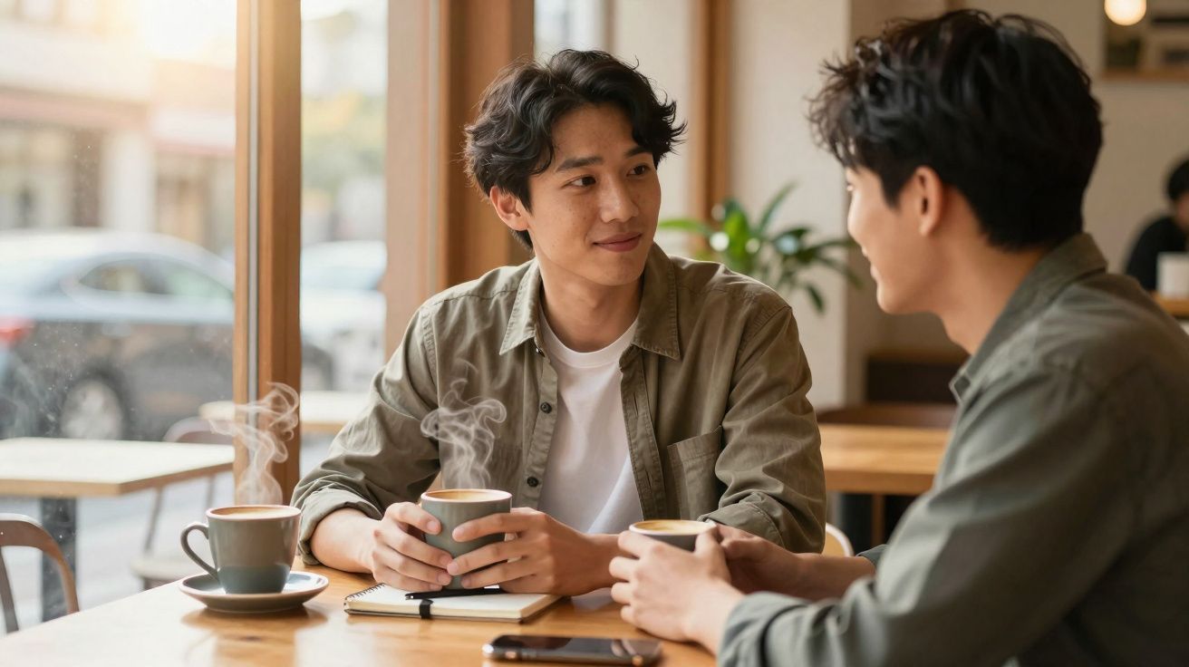 Dois homens conversam e bebem café quente sentados numa mesa junto a uma janela numa cafetaria.