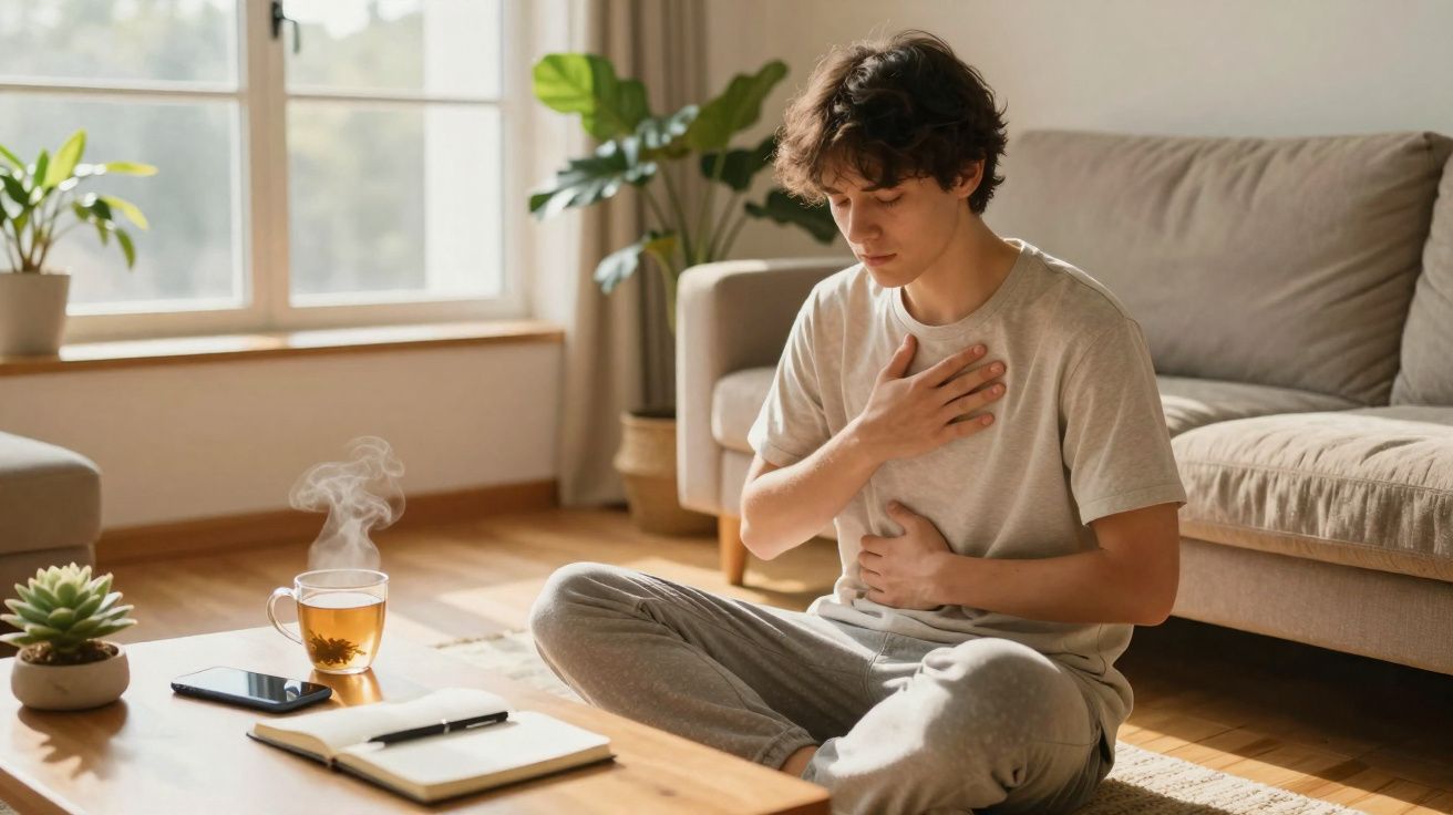 Homem sentado no chão com mãos no peito e estômago, aparentando desconforto, junto a chá e caderno.