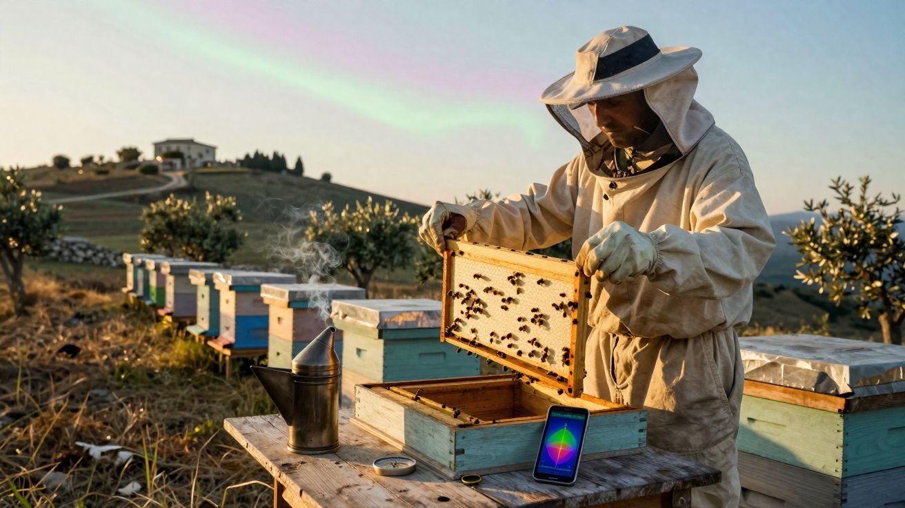 Apicultor em traje protetor examina colmeia num apiário ao pôr do sol numa paisagem rural.