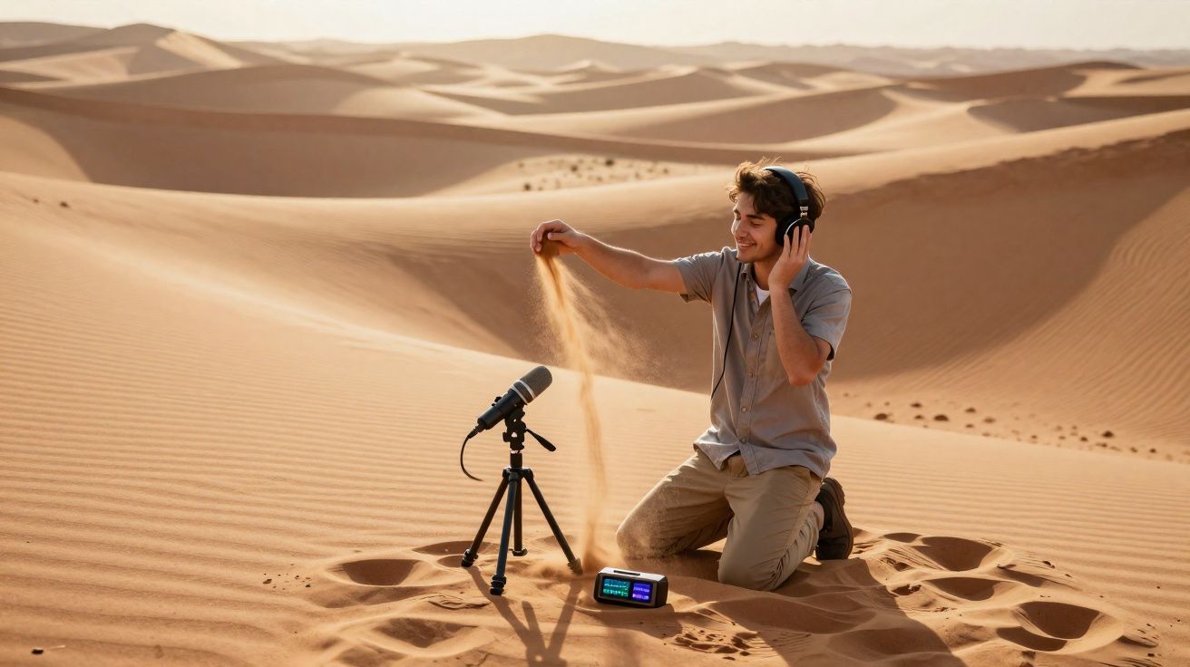 Jovem com auscultadores em deserto grava som do vento e areia a cair com microfone e equipamento portátil.