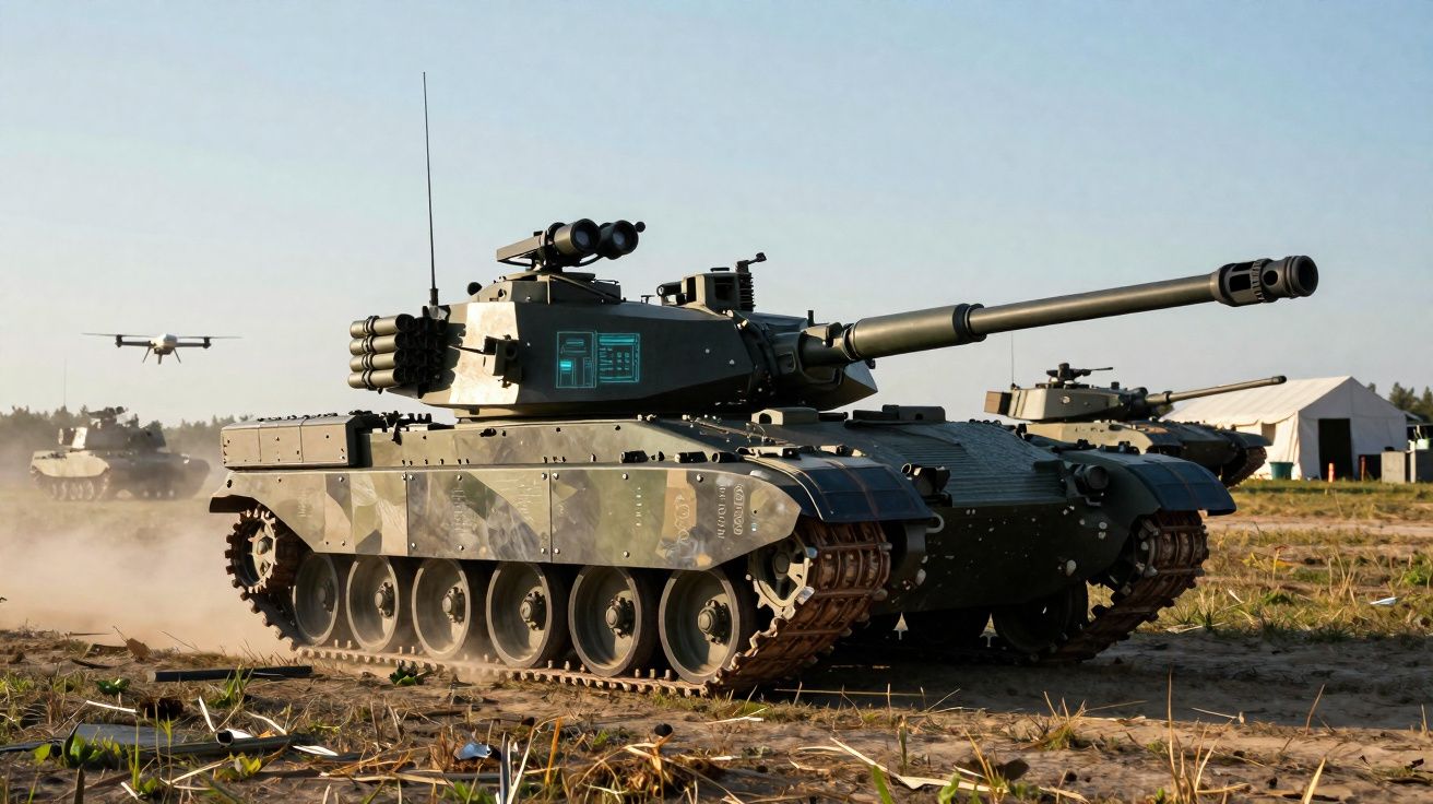 Carro de combate blindado com canhão e drone voando num campo aberto sob céu limpo.