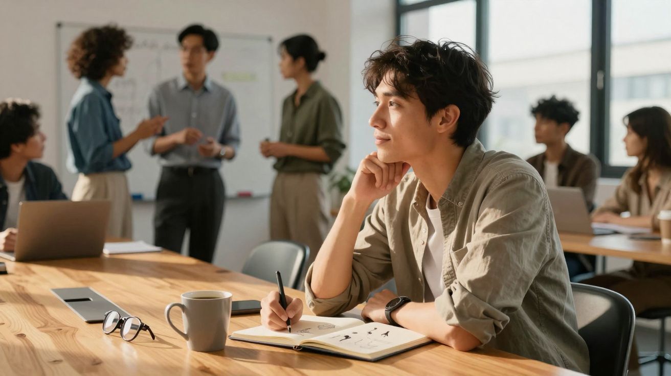 Pessoa a pensar e escrever num caderno numa sala de reuniões com grupo de trabalho ao fundo.