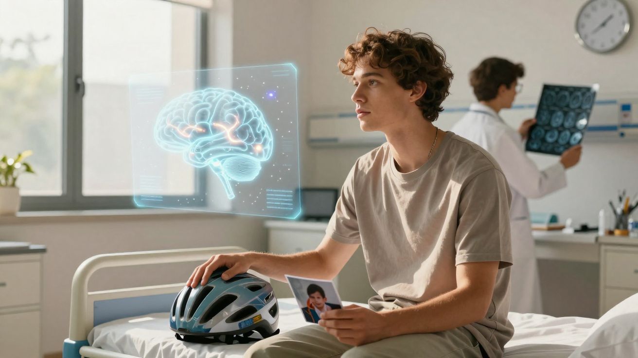 Jovem sentado em cama de hospital com capacete, segurando foto, e holograma de cérebro à frente.