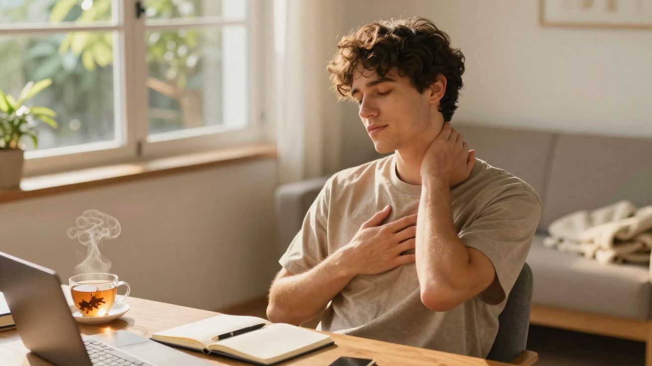 Homem sentado a mexer no pescoço com expressão de desconforto, junto a chá quente e material de trabalho.