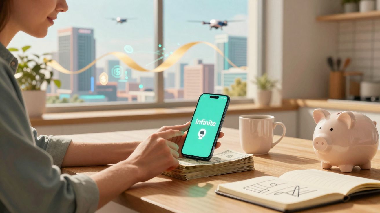 Pessoa a usar smartphone com app "infinite", ao lado de caderno, mealheiro, caneca e pilha de dinheiro numa mesa.