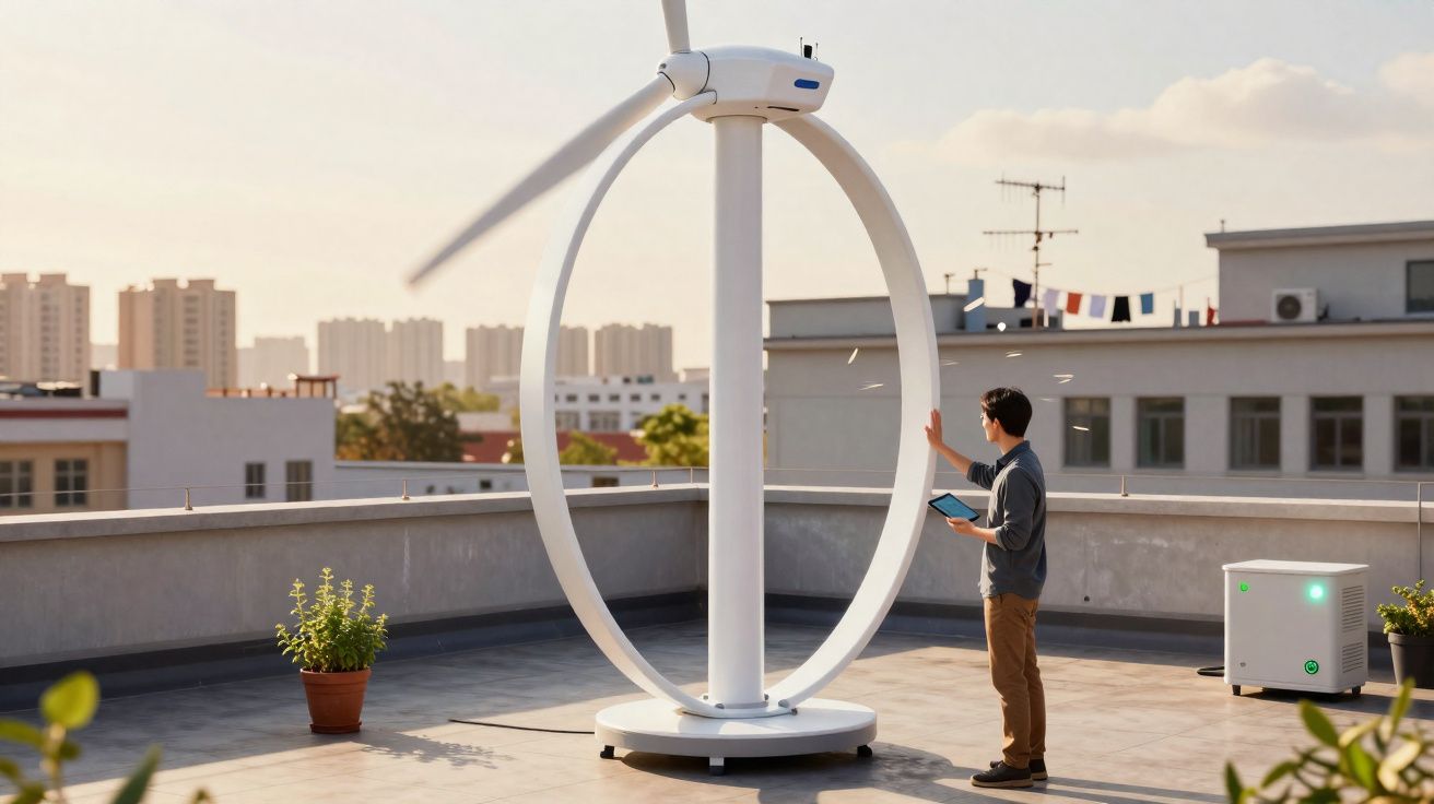 Homem com tablet a inspecionar turbina eólica pequena numa varanda urbana ao pôr do sol.