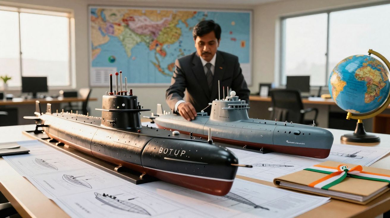 Homem em fato a trabalhar em modelos de submarinos numa mesa com mapas e globo terrestre numa sala de escritório.