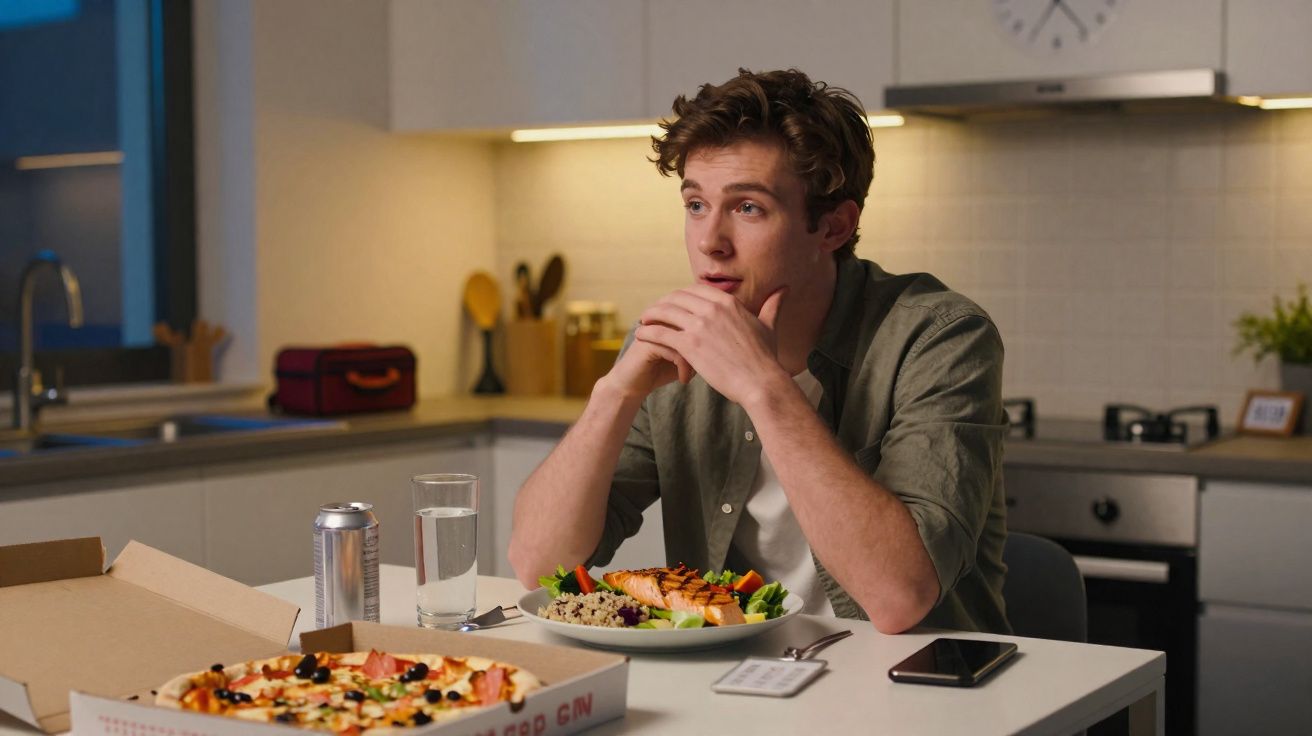 Jovem sentado à mesa na cozinha, com prato de comida, pizza, copo de água e telemóvel à sua frente.