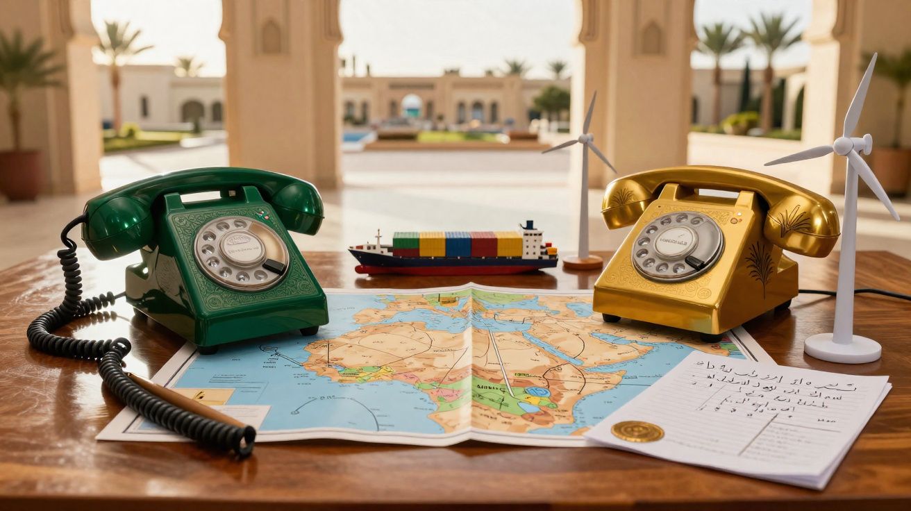 Telefones vintage verde e dourado sobre mapa de África, com navio e turbinas eólicas em fundo desfocado.