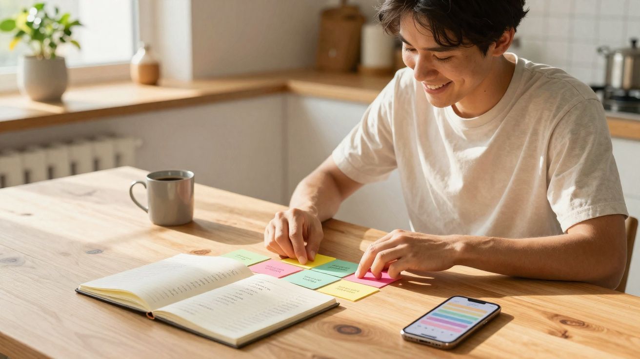 Pessoa sorridente a organizar notas coloridas numa mesa de madeira com caderno aberto, telemóvel e chávena.