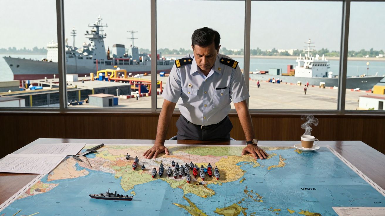Oficial naval analisa modelo de frota sobre mapa náutico com navios ao fundo no porto.