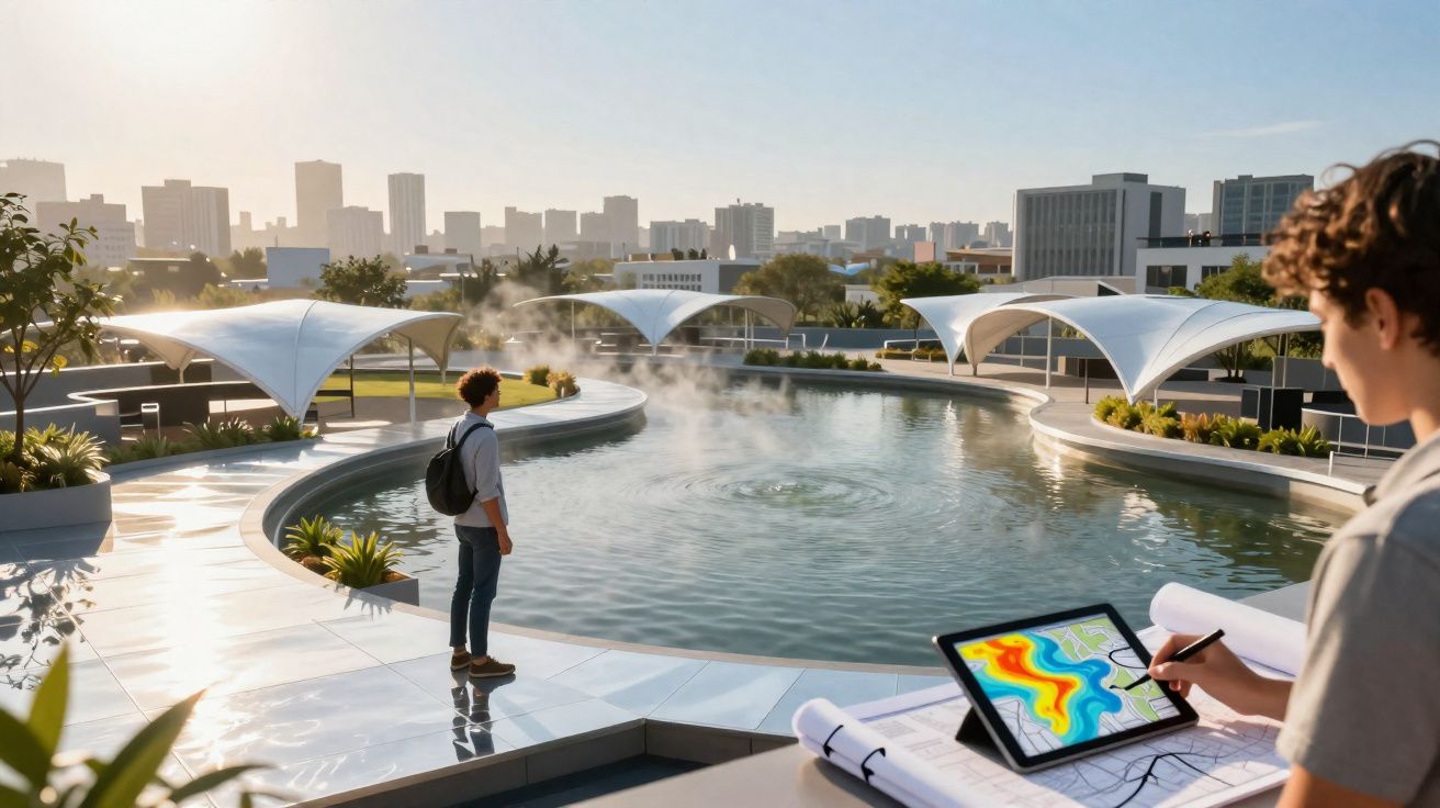 Jovem com mochila junto a lago artificial em área urbana, outro desenha num tablet com edifícios ao fundo.