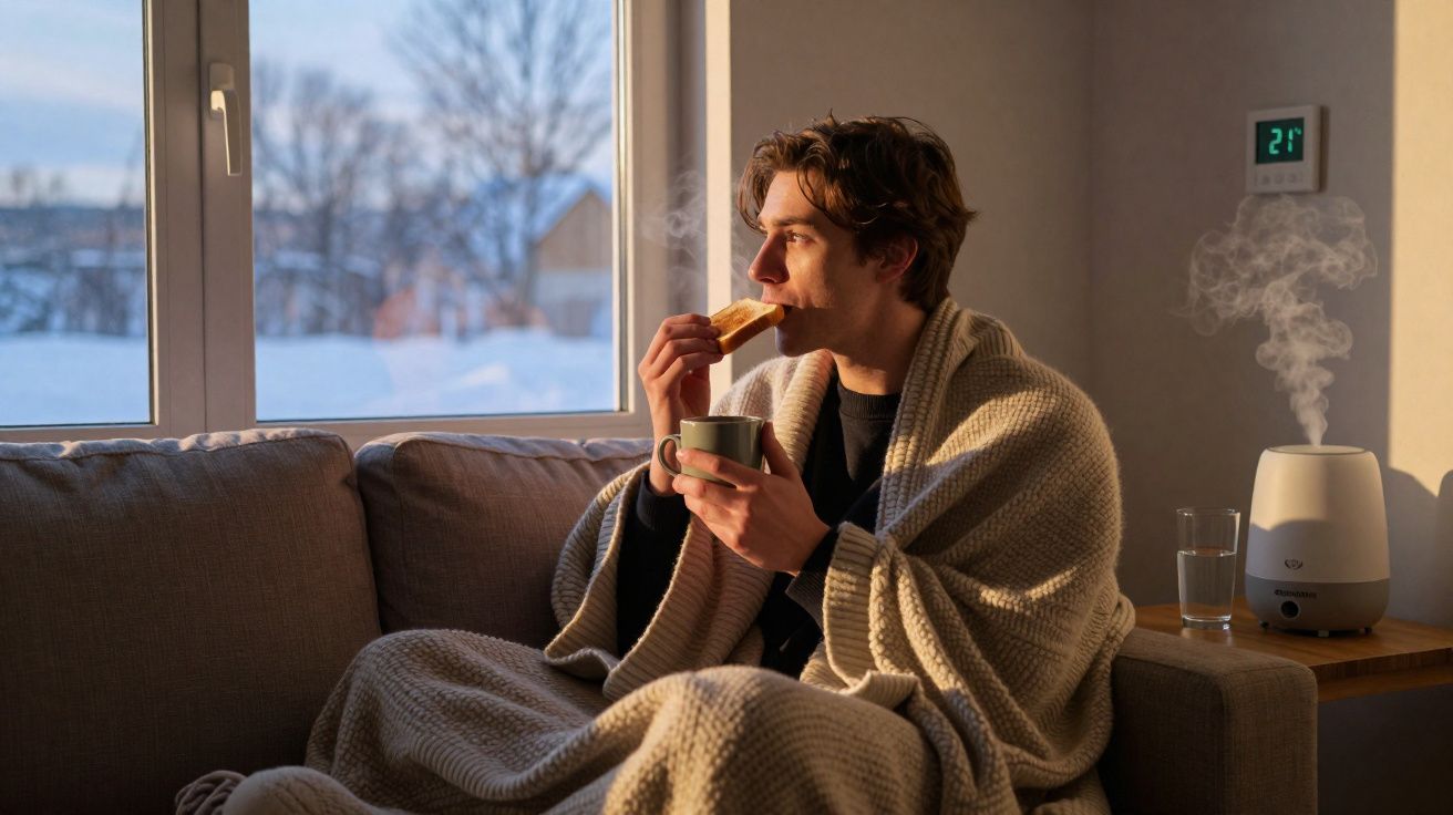 Homem enrolado em manta, a beber de caneca e comer torrada num sofá junto a janela com neve lá fora.