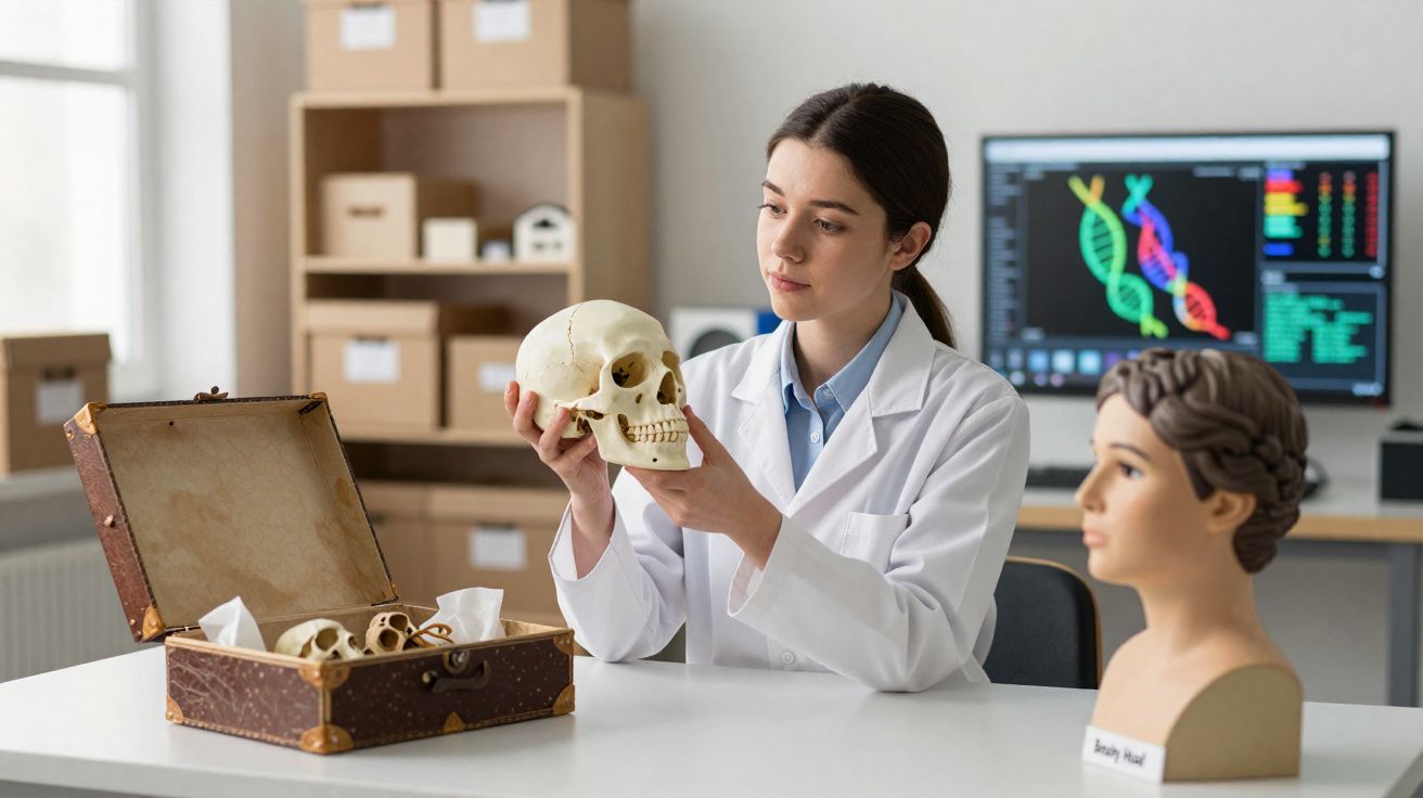 Mulher cientista analisa crânio humano em laboratório com modelos anatómicos e ecrã de ADN ao fundo.