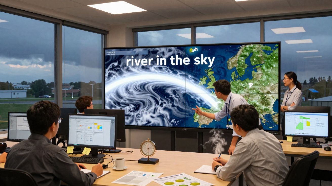 Sala de controlo meteorológico com quatro pessoas a analisar mapa digital do tempo em ecrã grande.