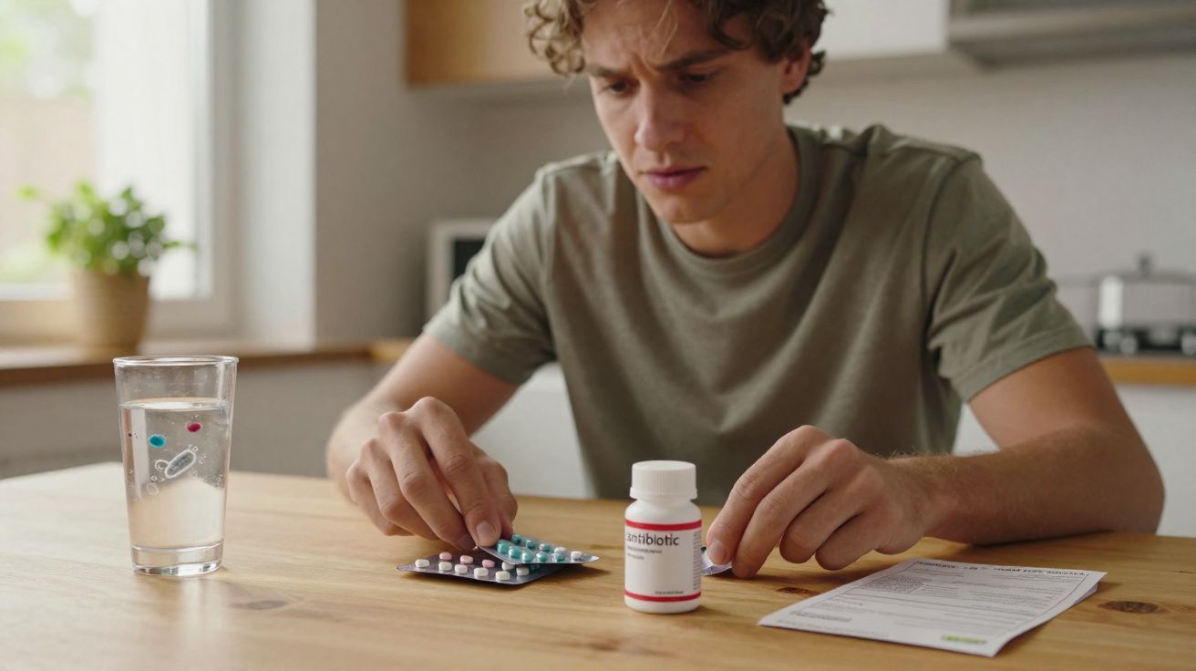 Homem sério sentado à mesa com medicamentos, vidro de água e receita médica numa cozinha iluminada.