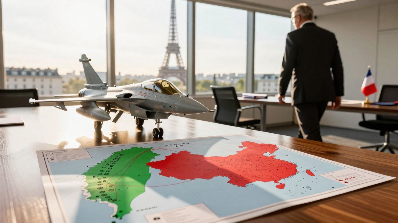 Modelo de avião militar sobre uma mesa com mapa estratégico e Torre Eiffel ao fundo num escritório.