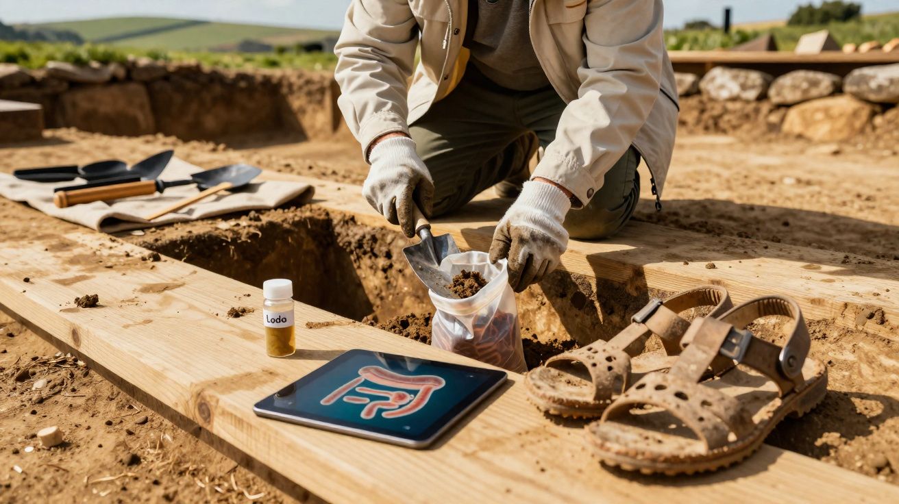 Arqueólogo a recolher terra num saco plástico durante escavação arqueológica ao ar livre.