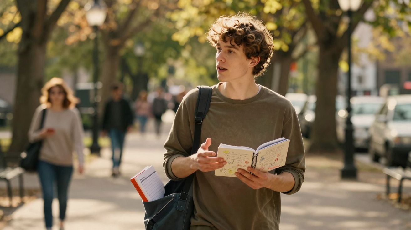 Jovem com mochila lê caderno de anotações enquanto caminha numa rua arborizada com outras pessoas ao fundo.
