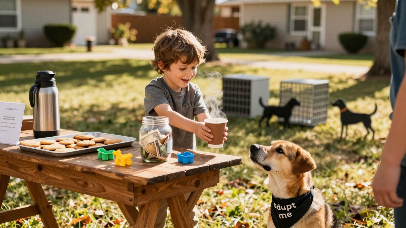 Menino sorridente oferece bebida quente a cão com lenço num parque ajardinado durante o dia.
