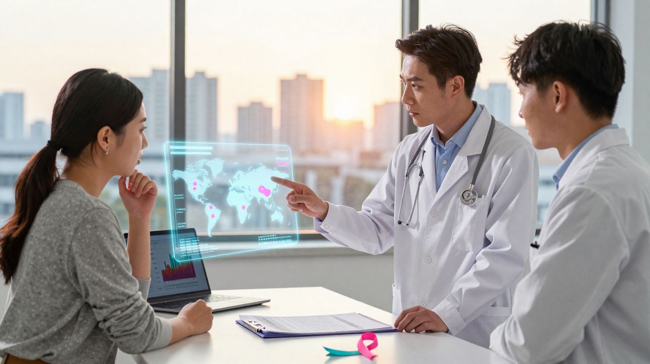 Dois médicos a explicar dados de mapa digital para uma paciente num consultório moderno.