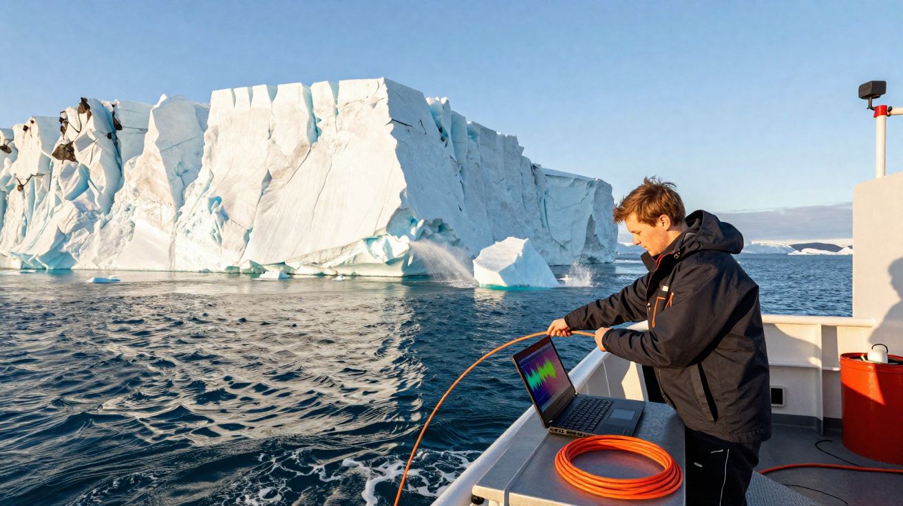 Pessoa a recolher dados oceanográficos junto a um icebergue a partir de um barco em mar gelado.