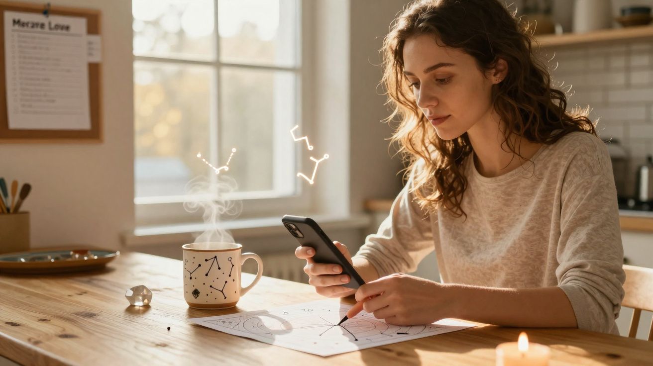 Mulher jovem a desenhar mapas astrais com chá quente numa caneca ao seu lado numa cozinha iluminada.