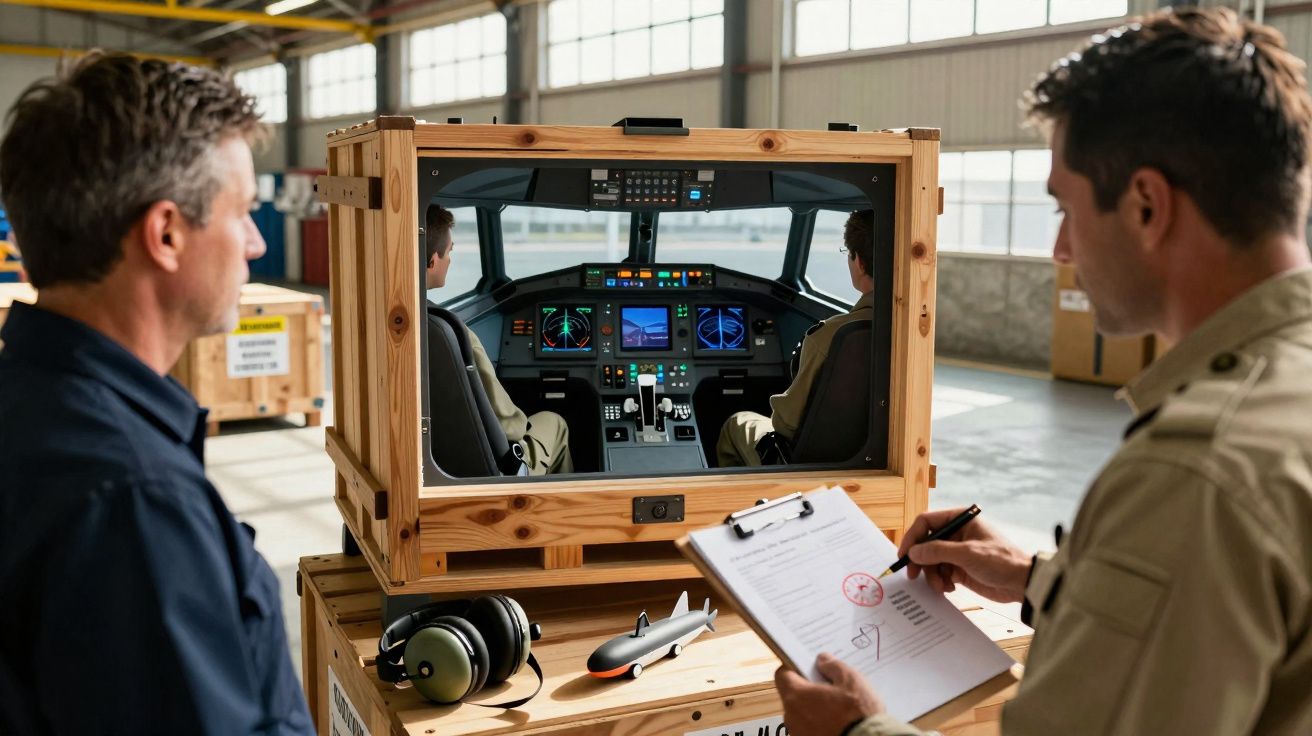 Dois homens inspecionam uma simulação de cabine de piloto embalada em caixa de madeira num hangar.