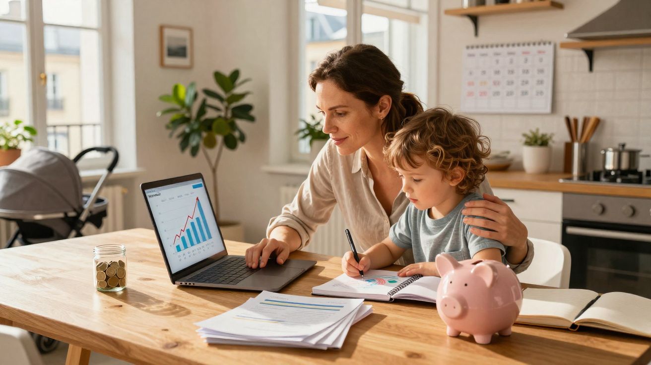 Mãe e filho juntos numa mesa com laptop, gráficos, moedas e mealheiro cor-de-rosa na cozinha.