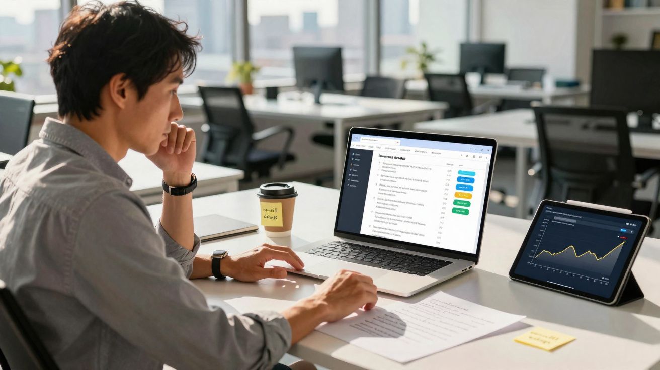 Homem a trabalhar num escritório com computador portátil, tablet e documentos sobre a secretária.