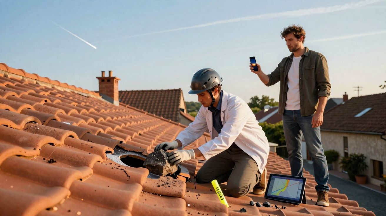 Técnico inspeciona telhado com capacete, enquanto homem grava com telemóvel e portátil mostra imagem técnica.