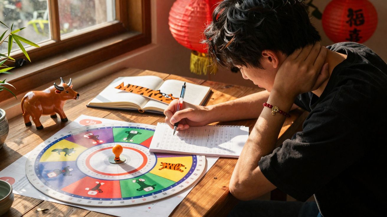 Jovem sentado a escrever num caderno, com roda colorida do zodíaco chinês numa mesa de madeira perto de janela.