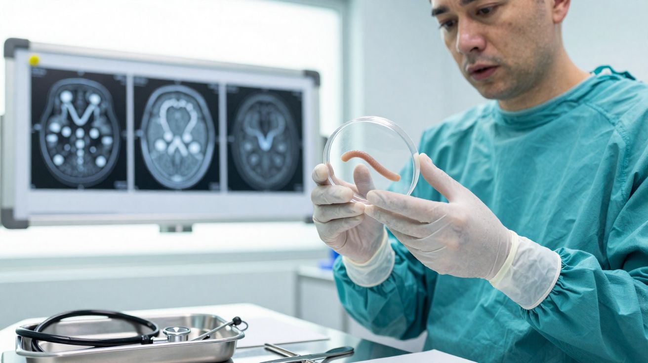 Cientista em bata azul segura placa de Petri com verme, com imagens de ressonância magnética ao fundo.