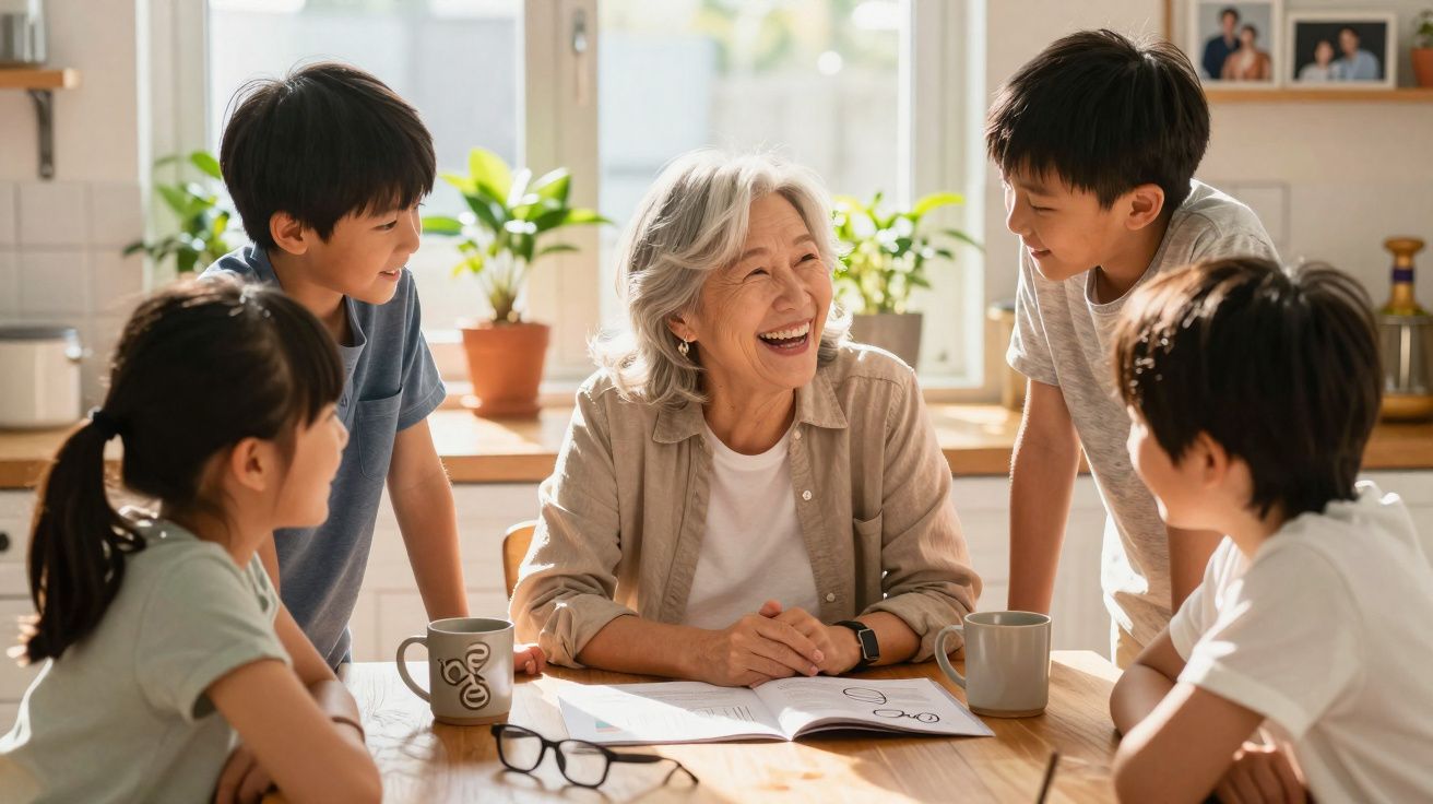 Avó sorridente conversa com quatro netos à volta da mesa de cozinha com livros e canecas.