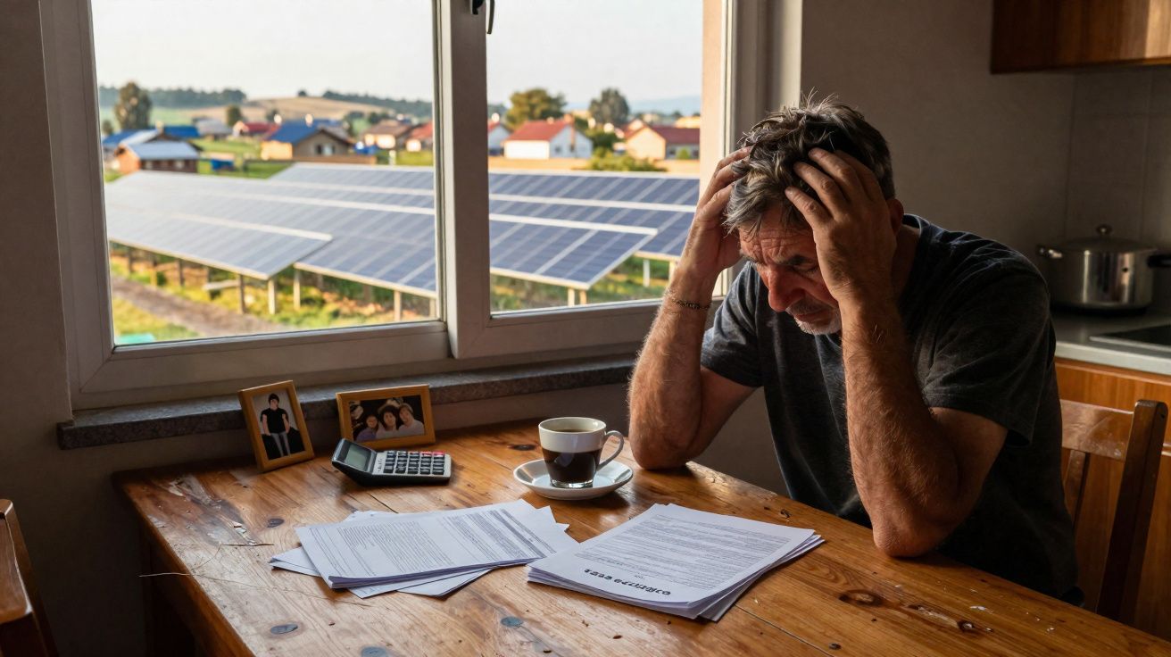 Homem preocupado sentado à mesa com documentos e campo de painéis solares numa janela ao fundo.